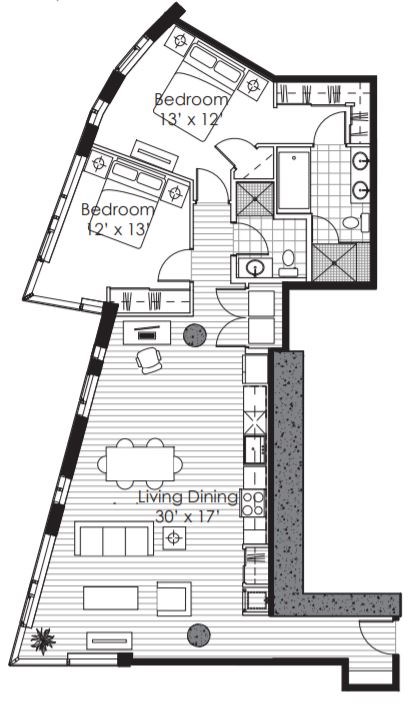 Floor plan for 2 beds, 2 baths, 1260 sqft